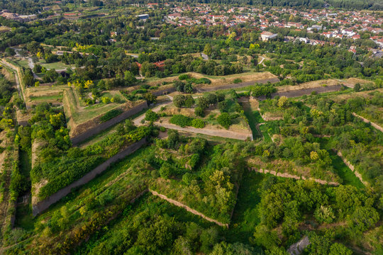 Aerial panorama view of Petrovaradin fortress trdava above the Danube River across from Novi Sad Serbia with lot of detail of the walls, ramparts and moats
