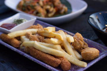 Fish and Chips on wood table