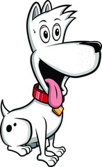 A white puppy dog with spots, spiky hair, a red collar, smiling and sticking out its tongue 