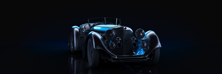 Fototapeta na wymiar Sports classic car, studio setup, on a dark background. 3d rendering