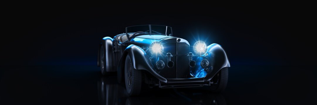 Sports  classic car, studio setup, on a dark background. 3d rendering