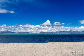 scenery Lake Manasarovar with blue sky. Place of prayer, calm and meditation.Tibet,Kailas