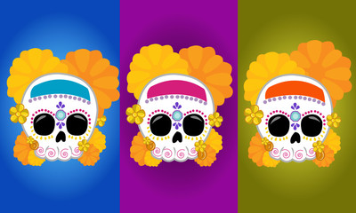 Mexican skull posters with bright colors, with the theme of the day of dead for decoration.