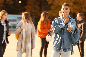 Teenage African-American boy and his friends  outdoors