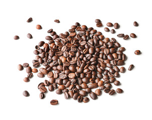 Heap of coffee beans on white background