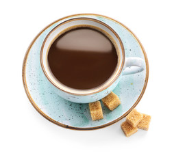 Cup of hot coffee on white background