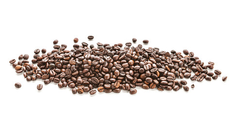 Heap of coffee beans on white background