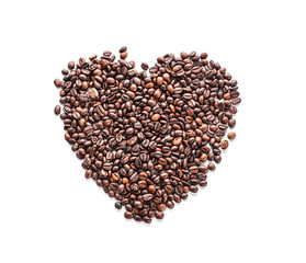 Heart made of coffee beans on white background
