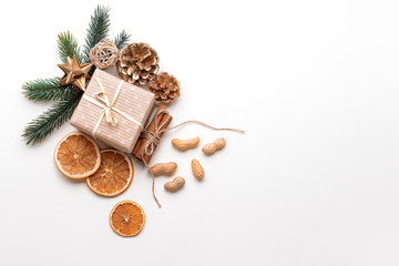 Beautiful Christmas composition with gift on white background