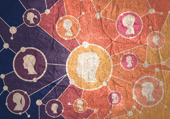 Social media network. Growth background with lines, circles and integrate human silhouettes. Connected symbols for digital, interactive and global communication concept.