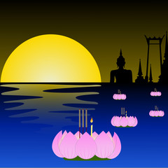 Loy krathong festival vector illustration,full moon with krathong floating on water.