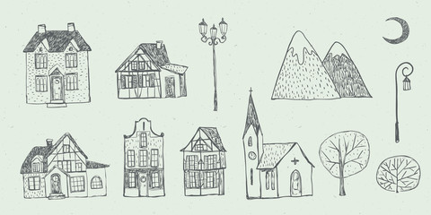 Vector Christmas illustration collection of cozy houses, cottages, church, mountains, street lamps, moon, trees on grey craft background. Winter design. Merry Christmas and Happy New Year!