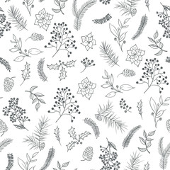 Seamless floral Christmas pattern with black tree branches, fir cones, berries, leaves on white background