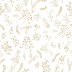 Fototapeta premium Seamless floral Christmas pattern with gold tree branches, fir cones, berries, leaves on white background. Graphic illustration. 