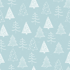 Seamless Christmas pattern with white trees, firs, spruce on blue background. Graphic illustration. Forest scene.