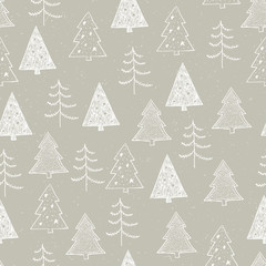 Fototapeta premium Seamless Christmas pattern with white trees, firs, spruce on beige background