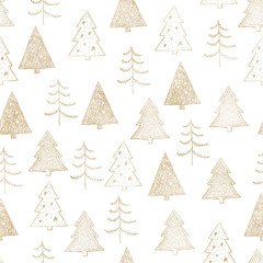 Seamless Christmas pattern with gold trees, firs, spruce on white background. Graphic illustration. Forest scene.