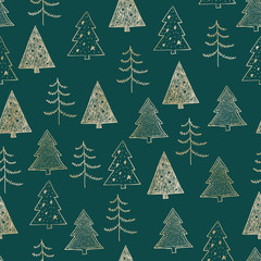 Seamless Christmas pattern with gold trees, firs, spruce on green background. Graphic illustration. Forest scene.