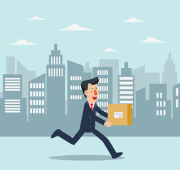  Young business man running in the city street. Post letter, delivery service or e-mail vector concept