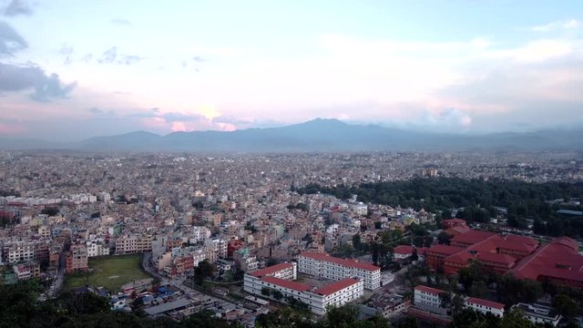 Kathmandu Cityscape, Aerial Time-lapse. Nepal Capital Timelapse at Sunrise. Colorful Sky and Skyline from Monkey Temple. 
