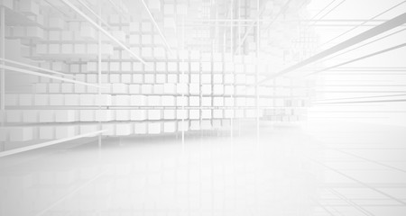 Abstract white architectural interior from an array of white cubes with large windows. 3D illustration and rendering.