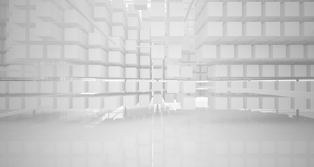 Abstract white architectural interior from an array of white cubes with large windows. 3D illustration and rendering.