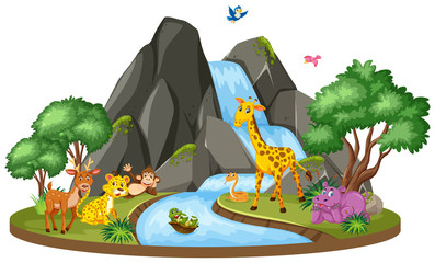 Background scene of wild animals and waterfall