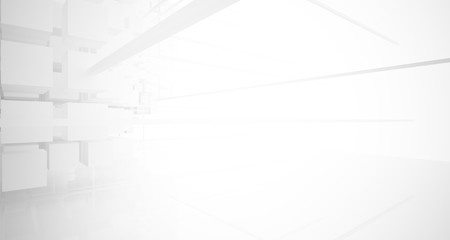 Abstract white architectural interior from an array of white cubes with large windows. 3D illustration and rendering.