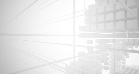Abstract white architectural interior from an array of white cubes with large windows. 3D illustration and rendering.