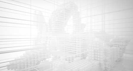 Abstract white architectural interior from an array of white cubes with large windows. 3D illustration and rendering.