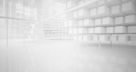 Abstract white architectural interior from an array of white cubes with large windows. 3D illustration and rendering.
