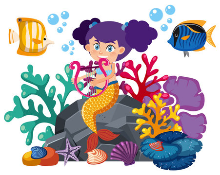 Single character of mermaid and fish on white background