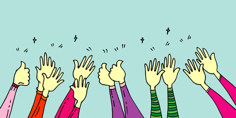 doodle set of hands up, agreement. applause. thumbs up. Hands clapping. applause gestures. congratulation for business. cartoon style.  doodle vector illustration