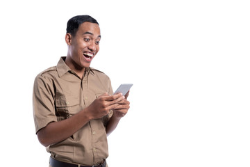 happy excited man receiving message from smart phone isolated over white background