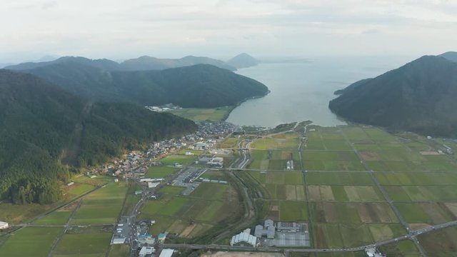 High Aerial View of Lake Biwako and Northern Nagahama, Japan 4k