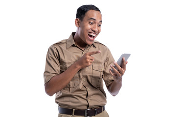 happy excited man receiving message from smart phone isolated over white background