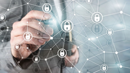 Cyber security, information privacy, data protection concept on modern server room background....