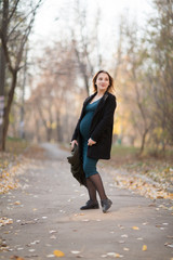 Young pregnant woman relaxing outside in the autumn park. leaf fall. hygge concept