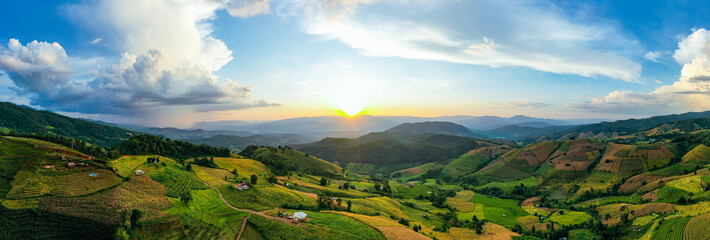 Panorama Aerial View sunlight at twilight of Pa Bong Piang terraced rice fields, Mae Chaem, Chiang Mai Thailand