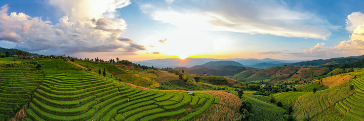 Panorama Aerial view Sunset scene of Pa Bong Piang terraced rice fields, Mae Chaem, Chiang Mai...