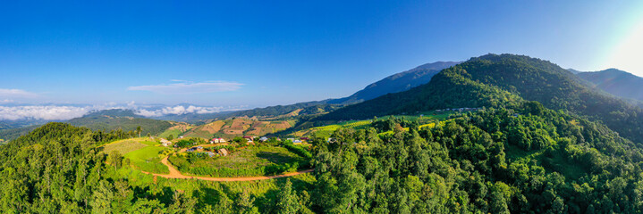 Aerial view morning scene of Pa Bong Piang terraced rice fields, Mae Chaem, Chiang Mai Thailand
