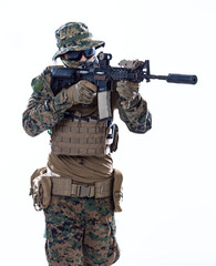 soldier aiming white background