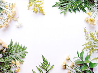 Assorted flower and leaf border on white background