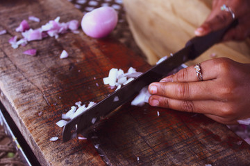 Indian female cutting onion