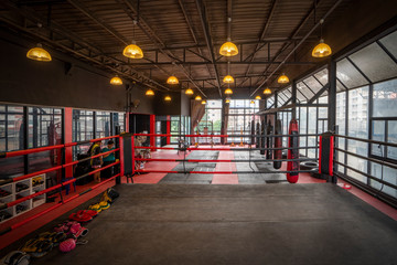 Kickboxing gym, nobody in boxing sport club and fitness center