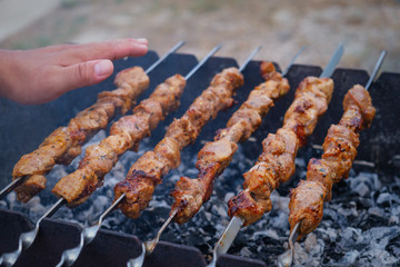 Shish kebab roasting on the grill. BBQ party. Close-up. shish kebab on skewers