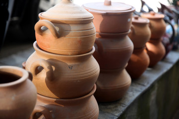 Traditional Azerbaijan handmade clay pots from Sheki at the market