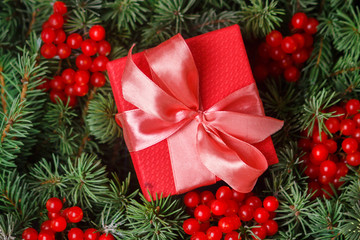 Fototapeta na wymiar New Year Christmas Xmas 2020 holiday celebration red present gift box with satin pink bow, immersed in the needles of a Christmas tree decorated with red berries. Dark festive composition.