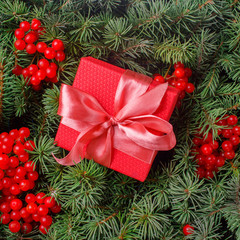 Fototapeta na wymiar New Year Christmas Xmas 2020 holiday celebration red present gift box with satin pink bow, immersed in the needles of a Christmas tree decorated with red berries. Dark festive composition.