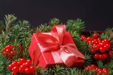 Fototapeta na wymiar New Year Christmas Xmas 2020 holiday celebration red present gift box with satin pink bow, immersed in the needles of a Christmas tree decorated with red bea Christmas tree decorated with red berries.